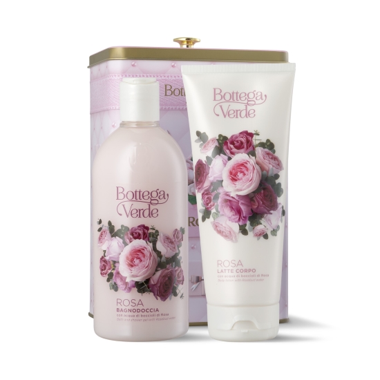 Set cadou ingrijire corp cu apa din muguri de trandafiri, in cutie metalica - Rosa, 200 ML, 400 ML